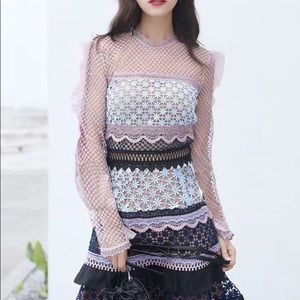 Ruffled Mid Sleeve Bellis Portrait Lace Dress